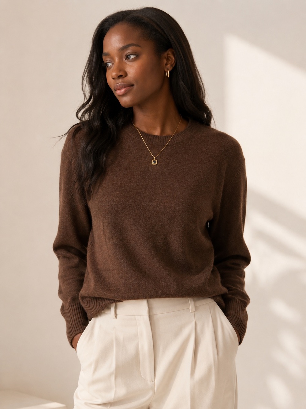 Pureda Chocolate Brown Wool Feel Crewneck Sweater Sz Small Minimalist Korean